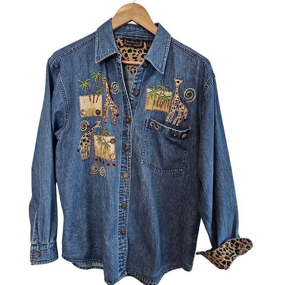 Vintage 90s Denim Blouse Womens Medium Tan Patchwork Giraffe Embroidered 3D - Picture 1 of 9